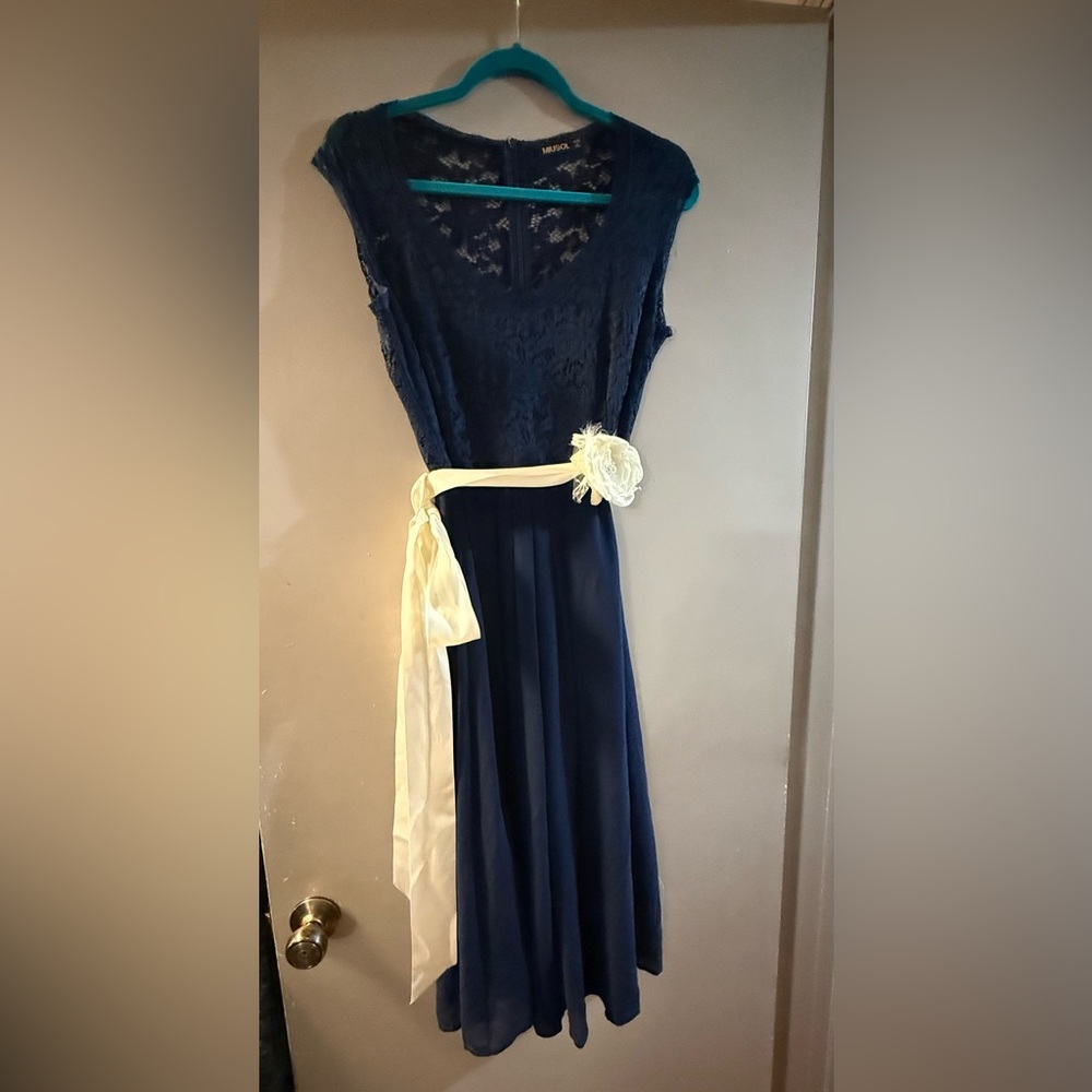 Miusol Navy Blue Lace Dress with Cream Sash